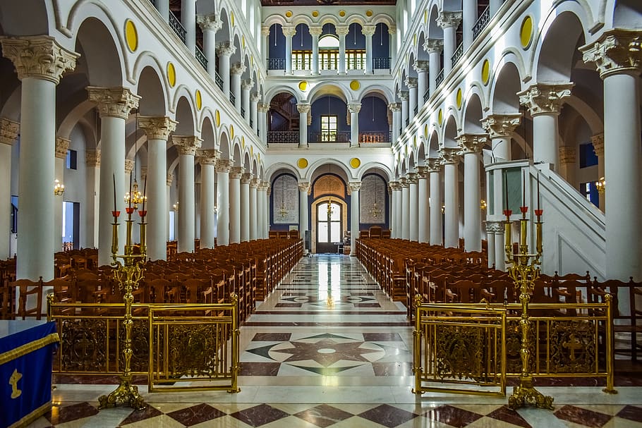 church, interior, architecture, building, religion, christianity, arch, basilica, ayios arsenios, kyperounta