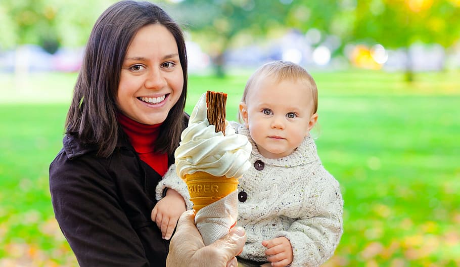 photo illustration, woman, holding, child, offered, ice cream cone, cone., family, ice cream, baby