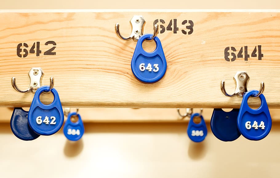 check, coat, hanger, blue, objects, numbers, business, sport, wood - material, indoors