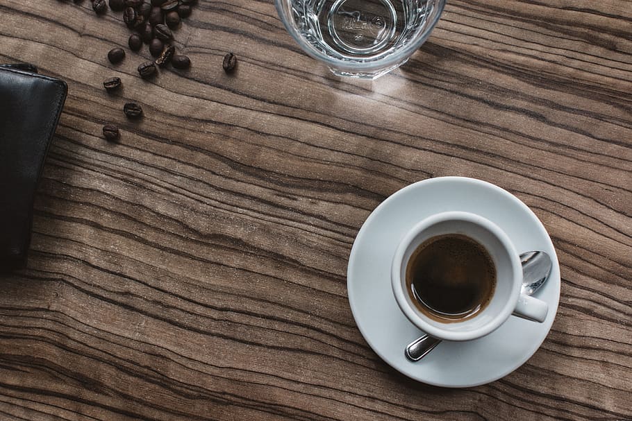 espresso, kopi, cangkir, kayu, meja, gelas, biji kopi, pagi, dompet, kafe
