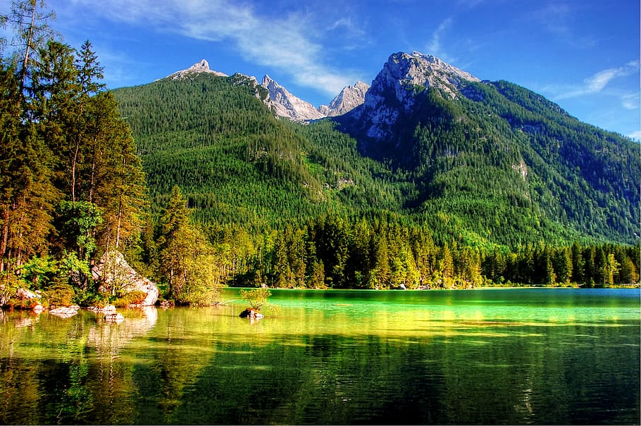 ramsau, hintersee, alpine, nature, bavaria, berchtesgaden, mountains, landscape, water, lake