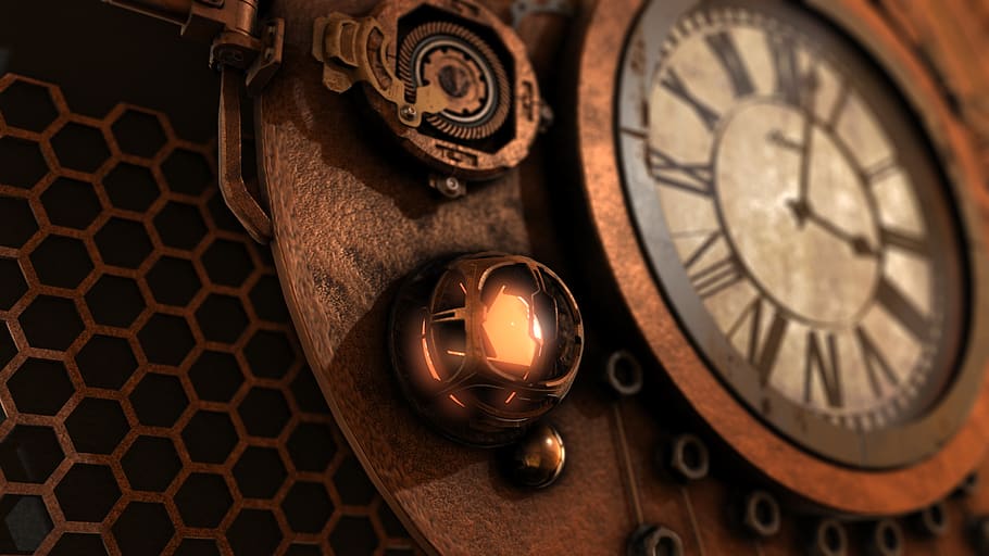 steampunk, reloj, tiempo, fantasía, fondo, antiguo, metal, retro, máquina, movimiento
