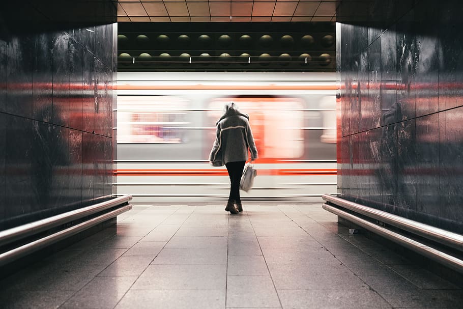 woman, hooded jacket, waits, train, platform, bag, blur, railroad, reflection, speed