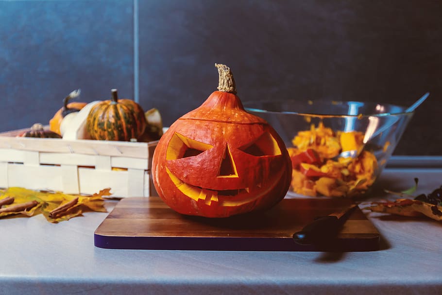 happy, halloween!, preparing, pumpkin, halloween, kitchen, food and drink, food, table, freshness