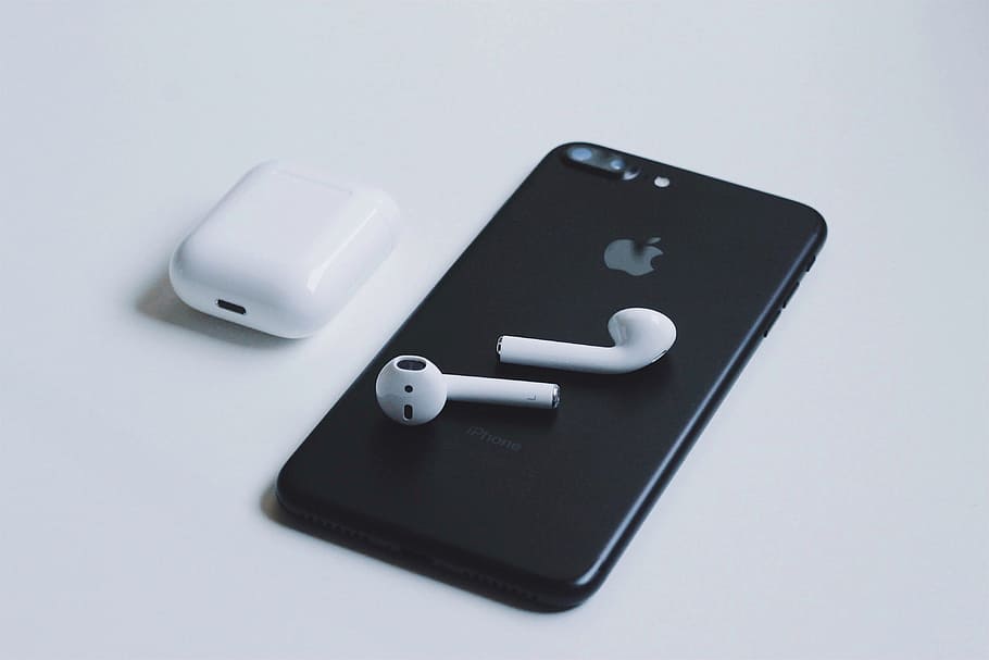 iphone + airpods, technology, mobile, phone, tech, studio shot, smart phone, indoors, wireless technology, white background