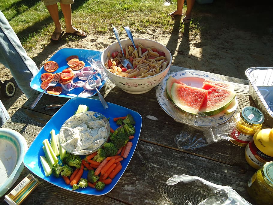 comida al aire libre, barbacoa, comida, mesa, picnic, platos, fruta, sandía, comida y bebida, frescura