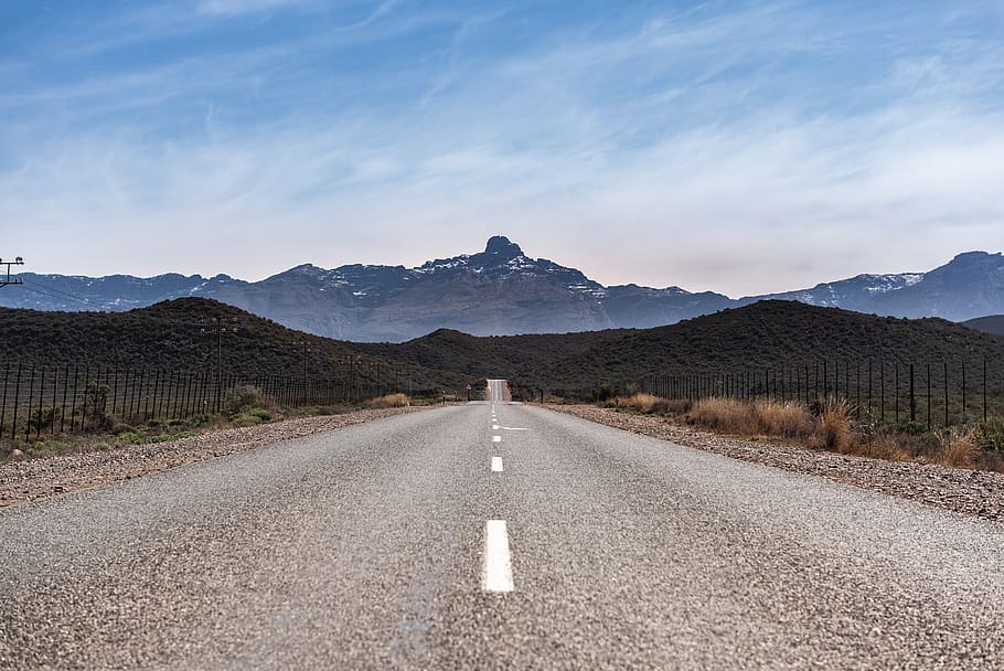sudáfrica, route62, asfalto, carretera, viaje, horizonte, montañas, nevado, primavera, señalización vial
