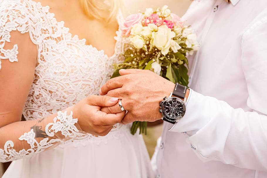 close, bride, put, wedding ring, groom., romantic, atmosphere, wedding, newlywed, celebration