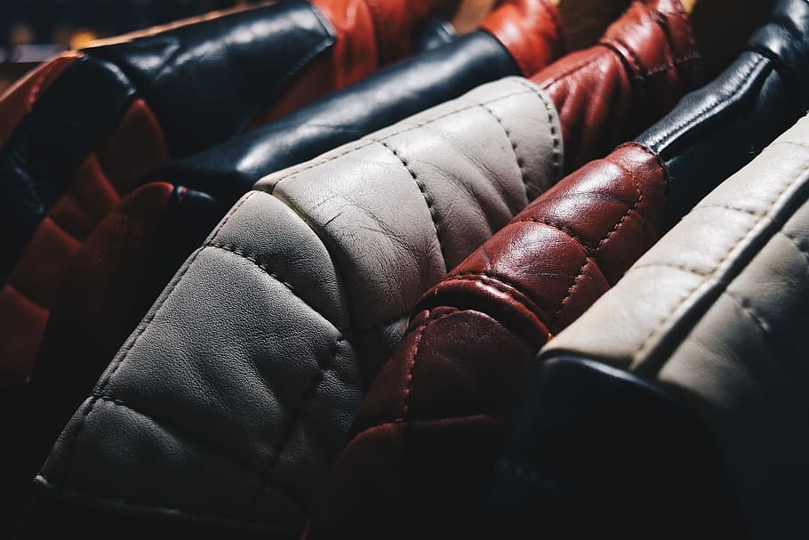 fresh leather jackets, indoors, clothing, choice, variation, still life, close-up, business, leather, red