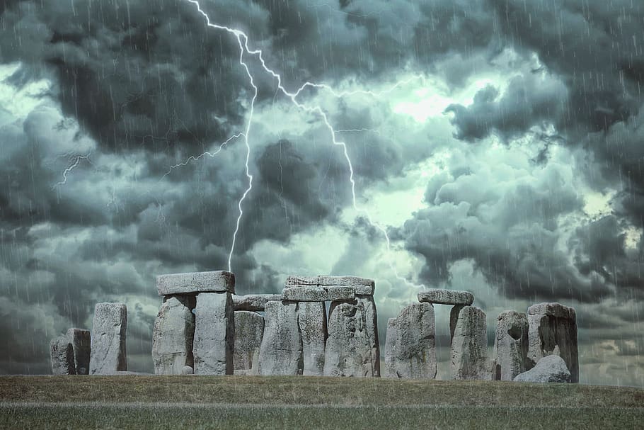 stonehenge, dramatic sky, storm, clouds, rain, lightning, fantasy, prehistory, england, britain