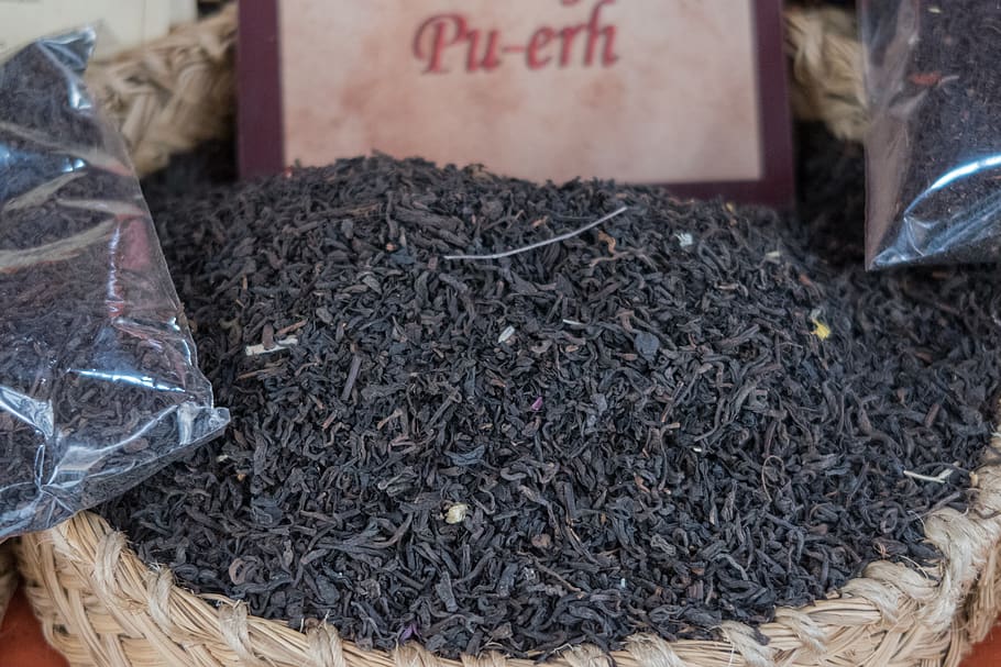 tea, pu-erh, brown, pu-er, china, dried, market, drink, black, leaf