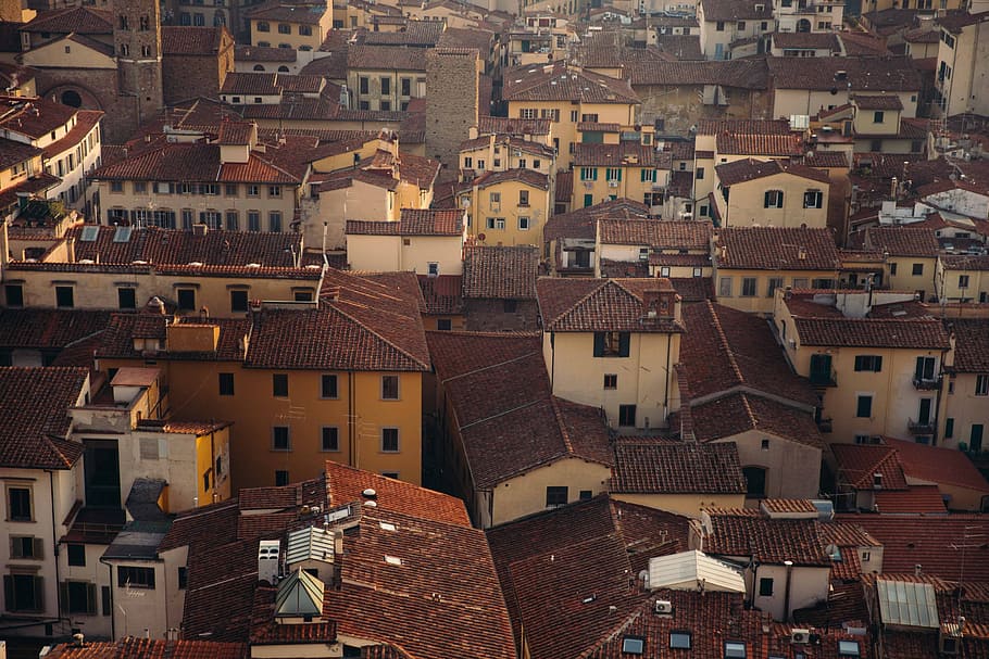 aerial, view, clay rooftops, residences, architecture, cityscape, construction, europe, historic, landscape