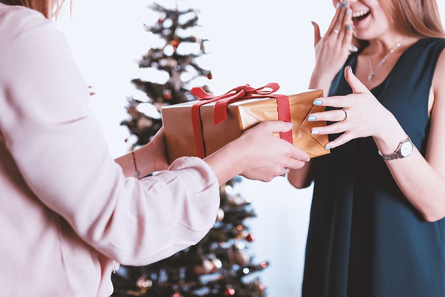 happy, surprised, woman, receiving, gift., merry, christmas, women, adult, celebration