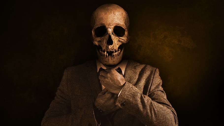 man, skull, skull and crossbones, tie, suit, dramatic, human, face, spooky, fear