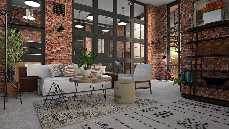 loft, brick, sofa, room, window, couch, furniture, the interior of the, comfortable, luxury