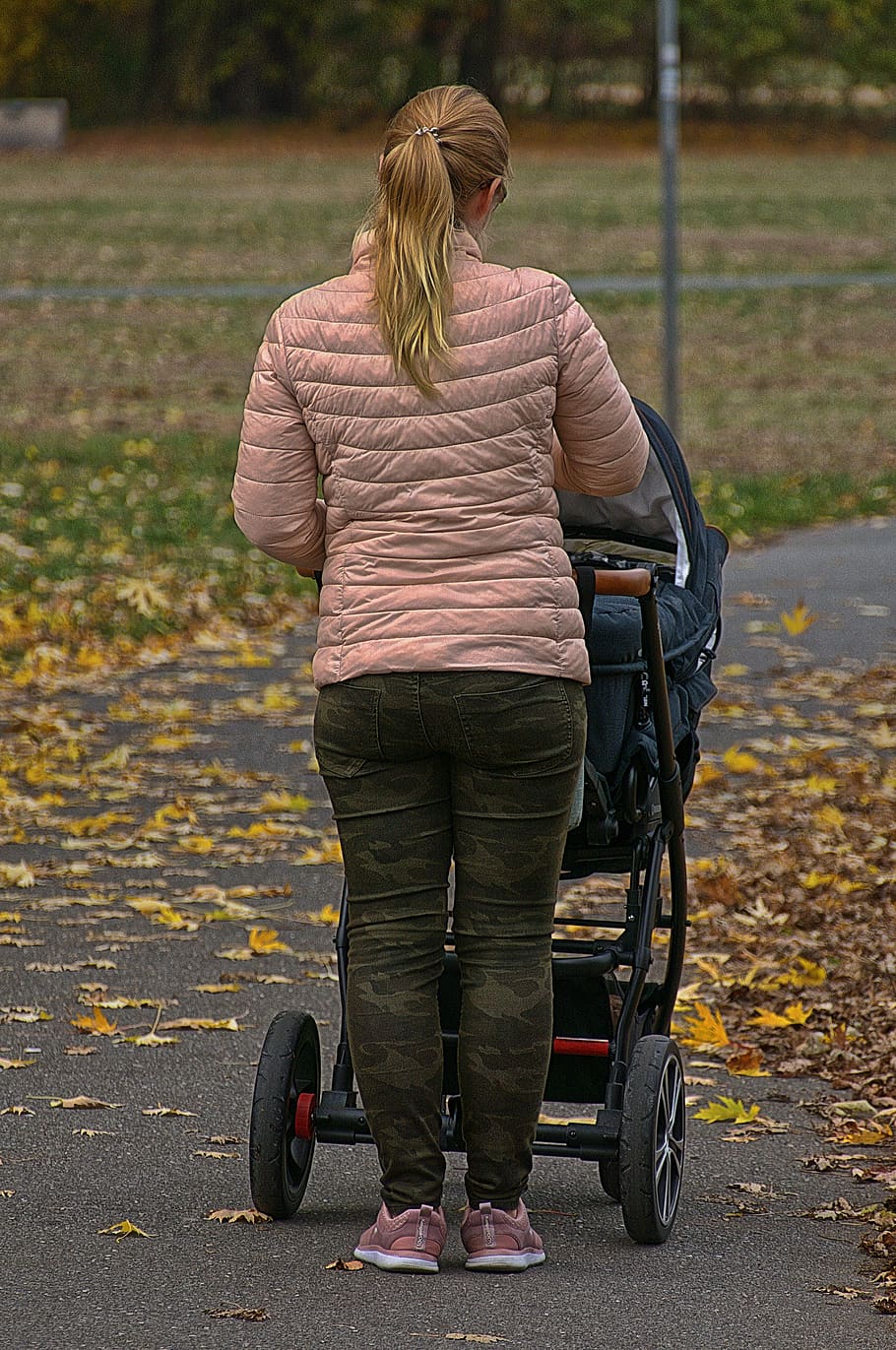 woman, baby carriage, park, autumn, walk, movement, leaf coloring, fall foliage, mood, atmospheric