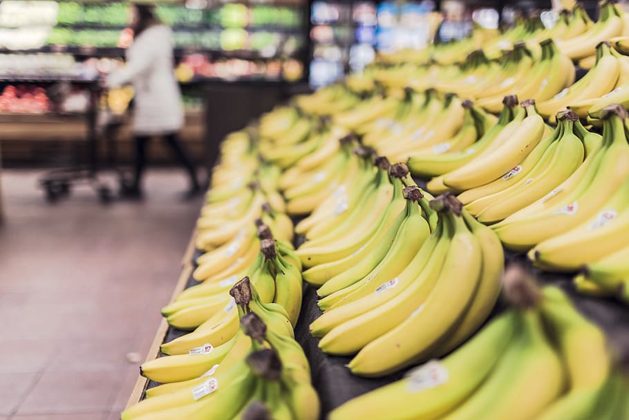 plátanos, frutas, comida, supermercado, compras, frescura, alimentos y bebidas, venta minorista, plátano, amarillo