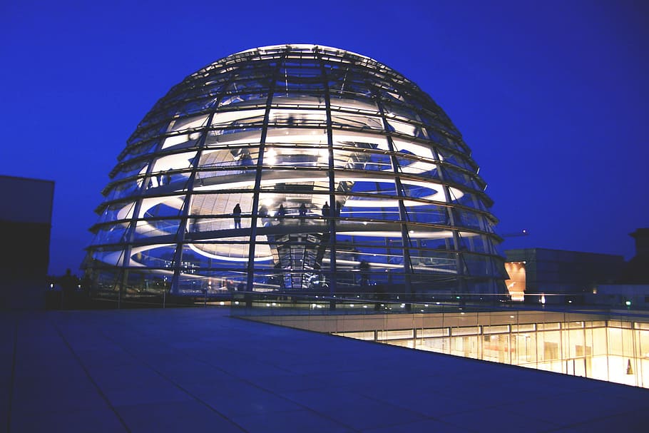 reichstag dome, berlin, architecture, building, design, building exterior, built structure, city, modern, glass - material, illuminated