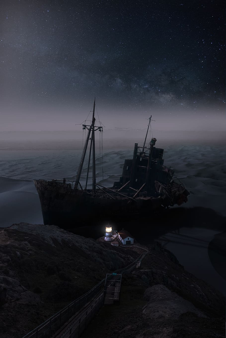 wreck, ship, shipwreck, abandoned, landscape, decay, lighthouse, dark, forget, sky