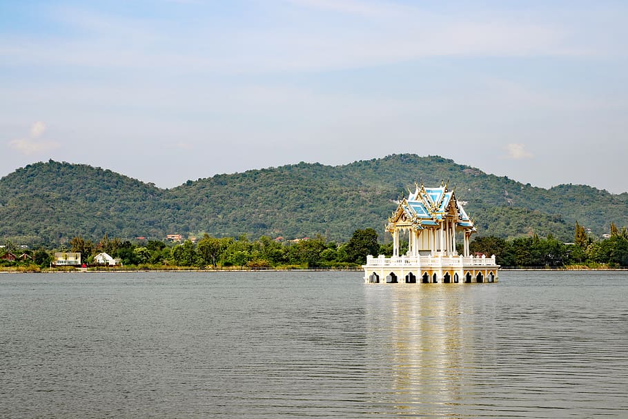 thailand, khao tao, temple, water, sea, travel, culture, architecture, religion, mountain