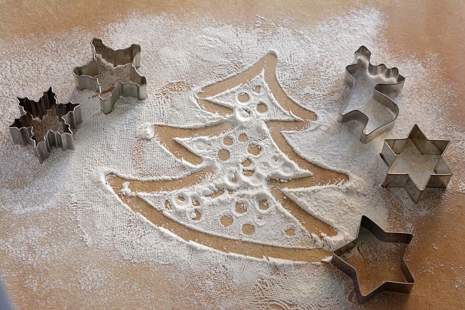 christmas, winter, shape, christmas tree, molds, cookie cutter, flour, star shape, celebration, cookie