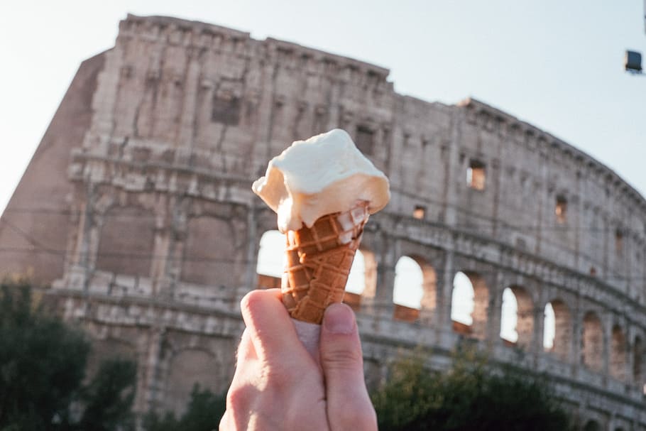 ice cream, colosseum, amphitheater, ancient, architecture, arena, blue, cap, cheerful, closeup