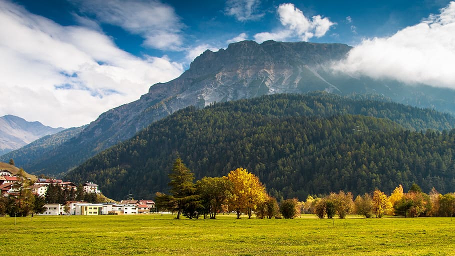 bergdorf, reschensee, otoño, tirol del sur, italia, alpino, montañas, dolomitas, paisaje, naturaleza