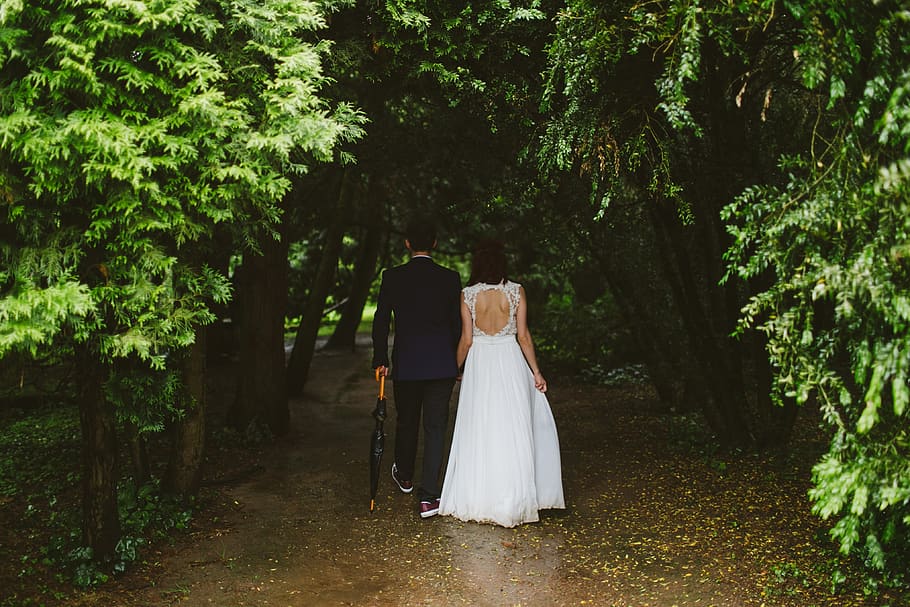 bride, couple, daylight, flower, foliage, gown, groom, marriage, outdoors, paved pathway