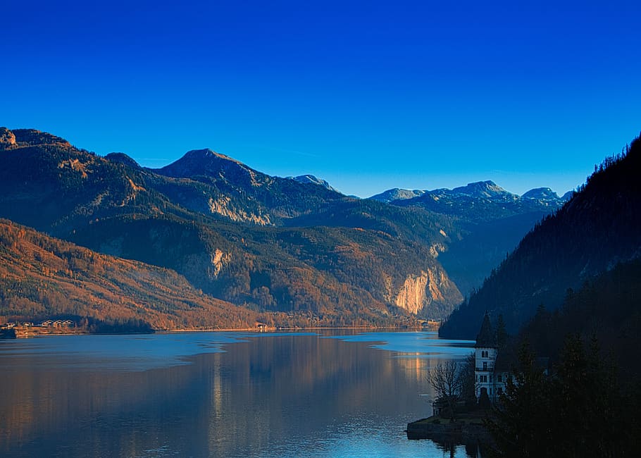 grundlsee, styria, mountains, austria, nature, lake, panorama, landscape, water, sky