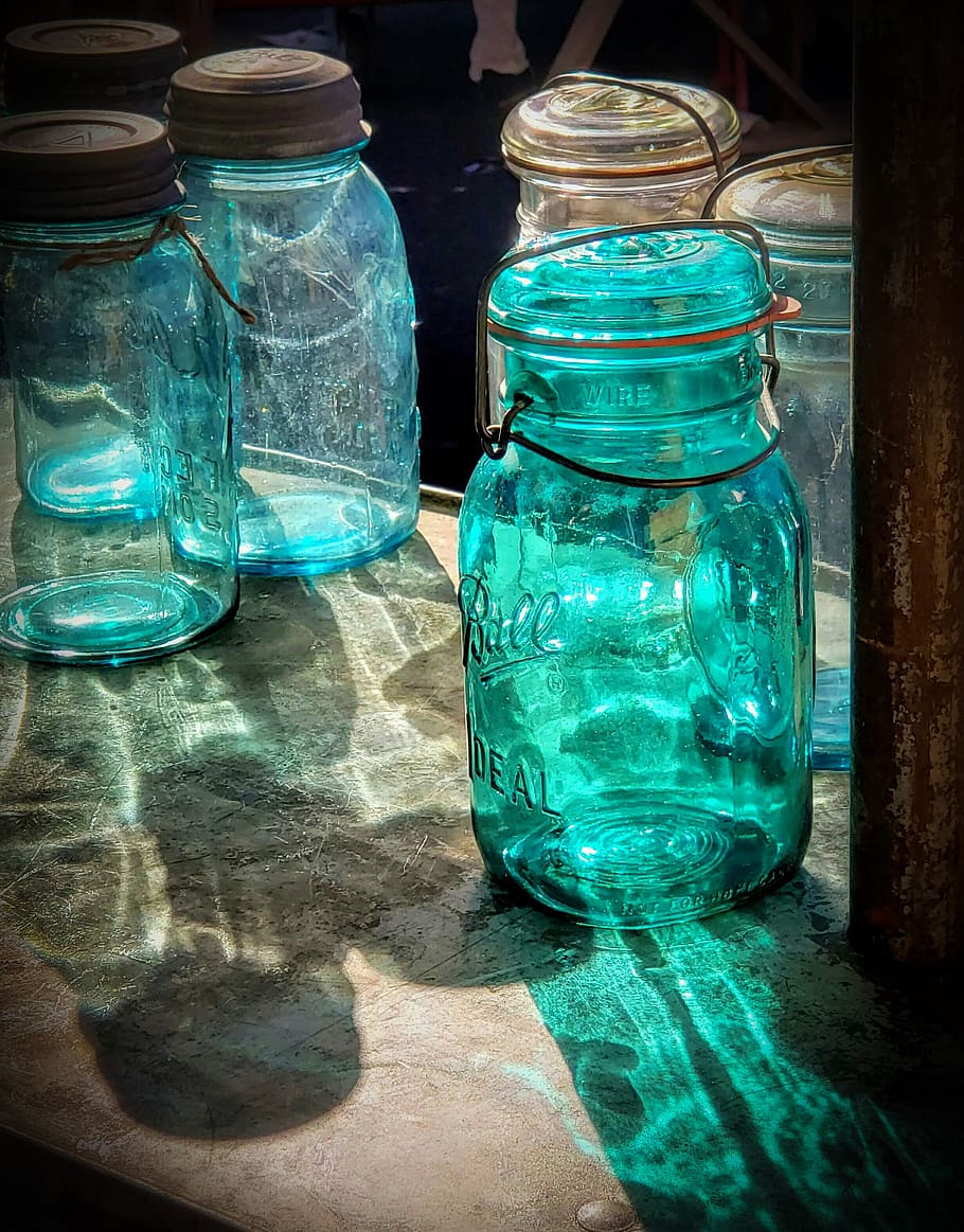 mason jar, glass, light, aqua, vintage, antique, flea market, yard sale, ball jar, swap meet
