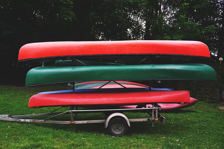 canoes on trailer, various, boat, boats, canoe, canoeing, plant, tree, grass, green color