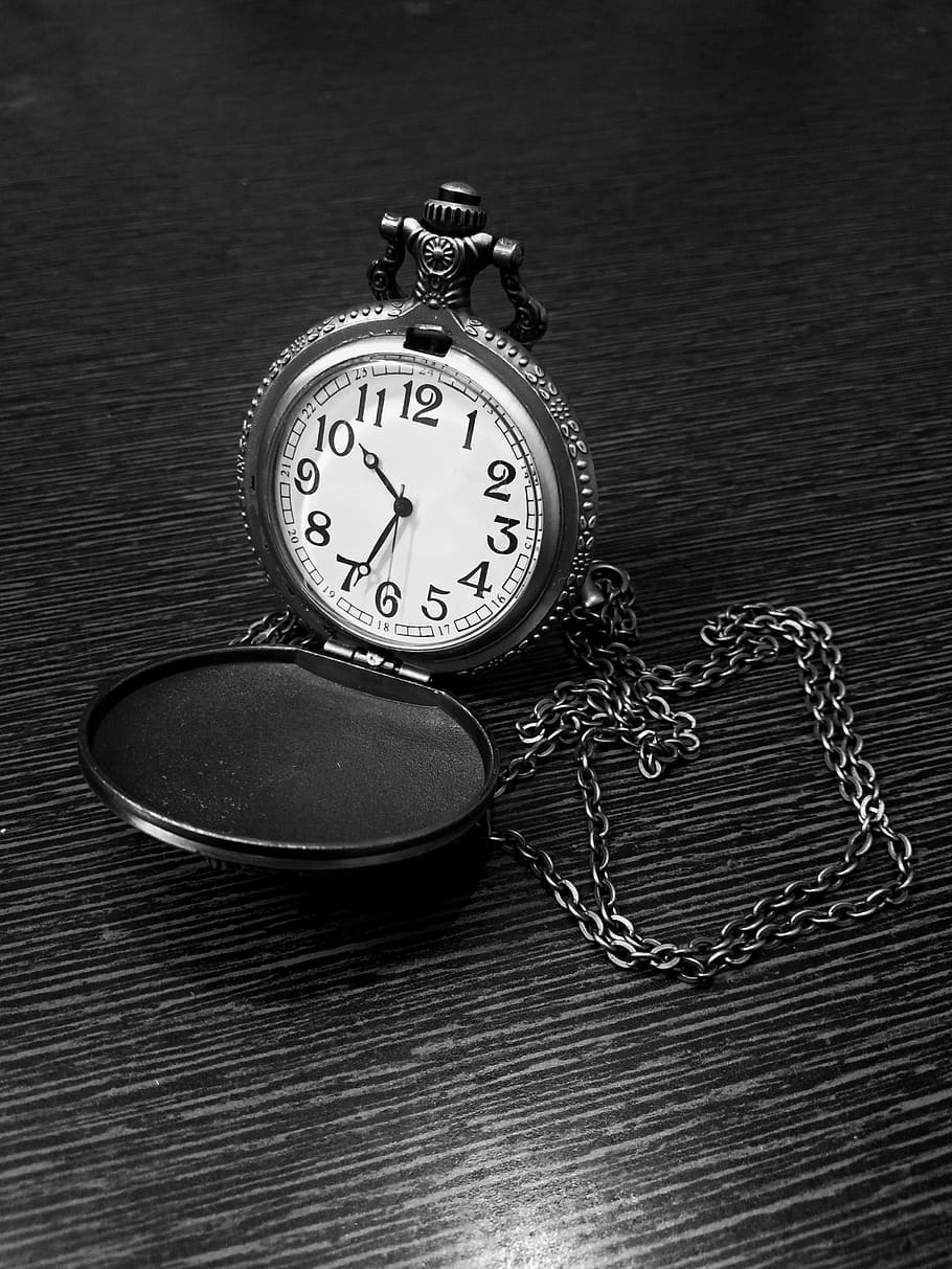 clock, time, watch, timepiece, locket, analog, pocket watch, still life, indoors, table