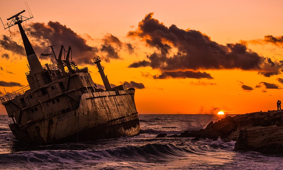 shipwreck, sea, clouds, sunset, romantic, boat, wreck, ship, rusty, aged