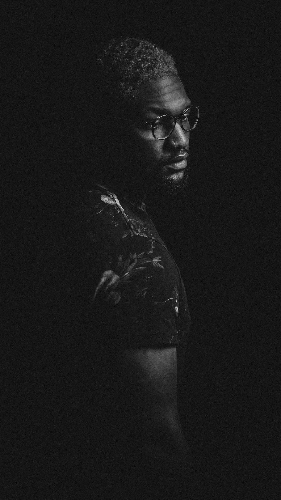 black and white, people, curly, african american, fashion, model, eyeglasses, accessories, floral, guy