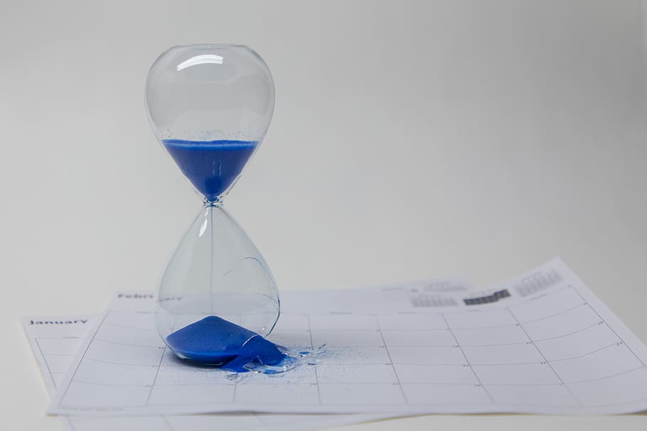 time, hour, hourglass, clock, timer, minute, broken, blue, out of time, sand