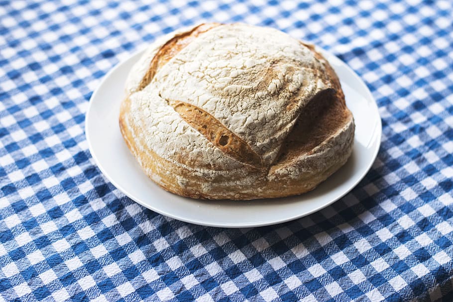 sourdough bread loaf, food and Drink, bread, breads, checked pattern, food, tablecloth, freshness, close-up, indoors