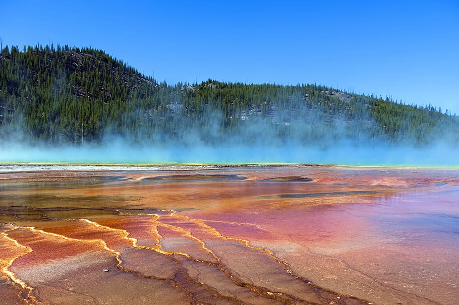 blue steam over grand prismatic, spring, yellowstone, national, park, wyoming, nature, mountains, thermal, usa