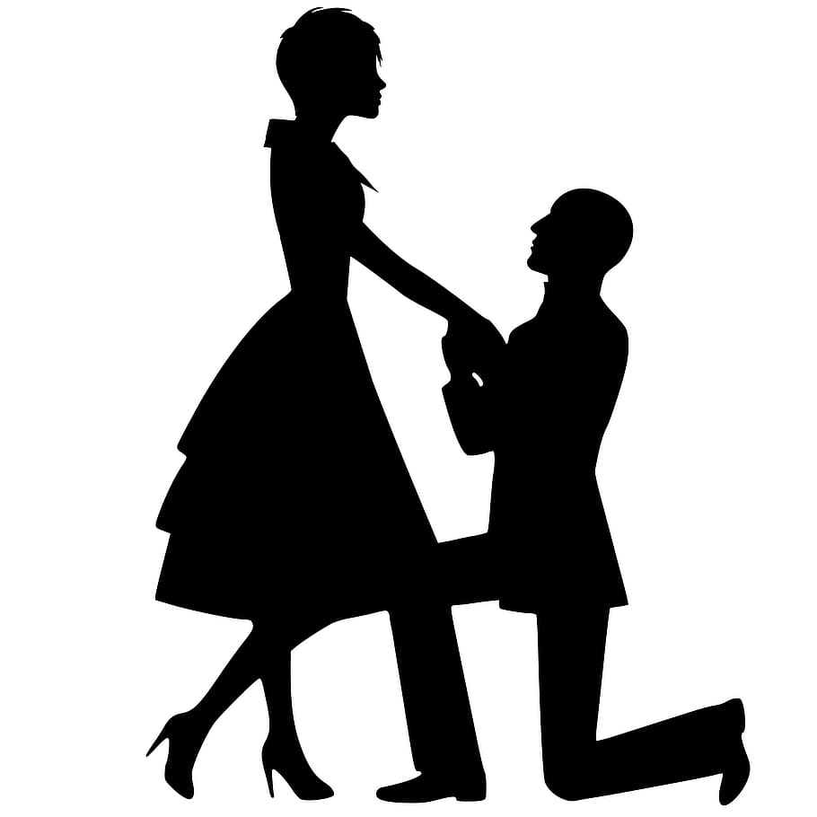 illustration, two, lovers, silhouette., silhouette, couple, love, proposal, engagement, woman