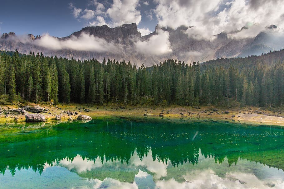 south tyrol, caress, lake, forest, latemar, dolomites, mountains, hiking, nature, sky