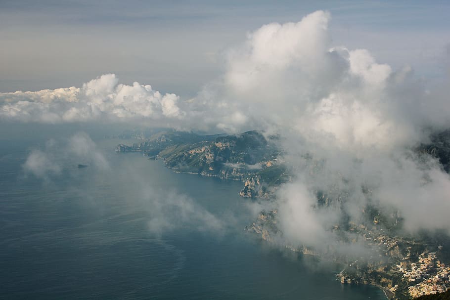 aerial, blue, clouds, editor's pick, gray, hills, landscapes, sea, water, fog