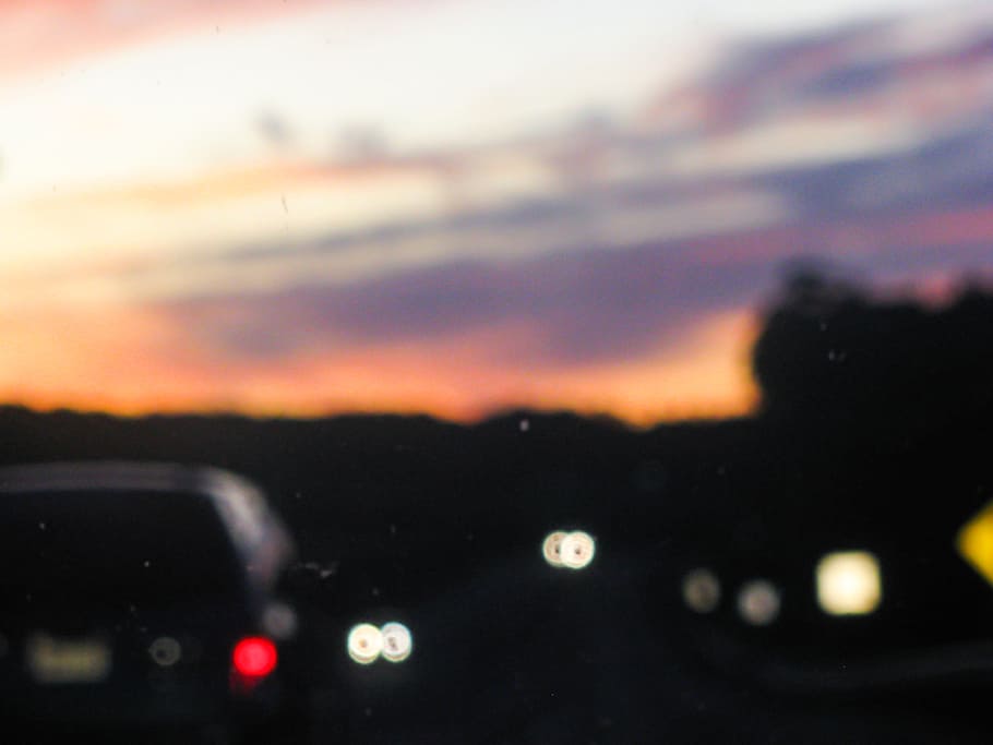 carretera, coches, conducción, puesta de sol, anochecer, tarde, noche, borrosa, transporte, cielo