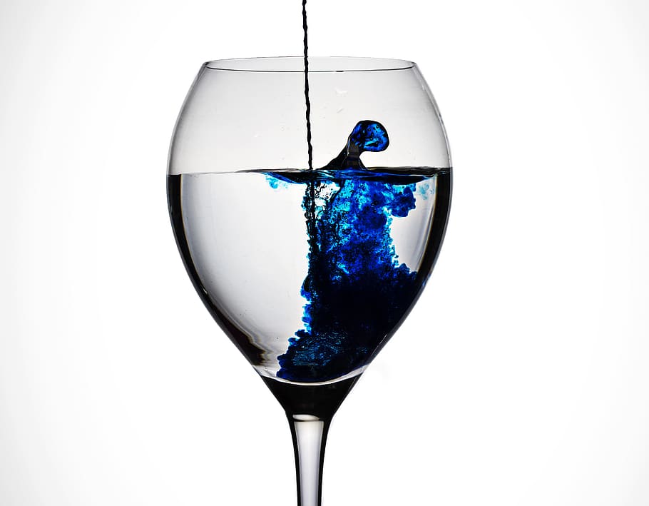 glass, ink, blue, drip, inkwell, water, color, studio shot, white background, wineglass