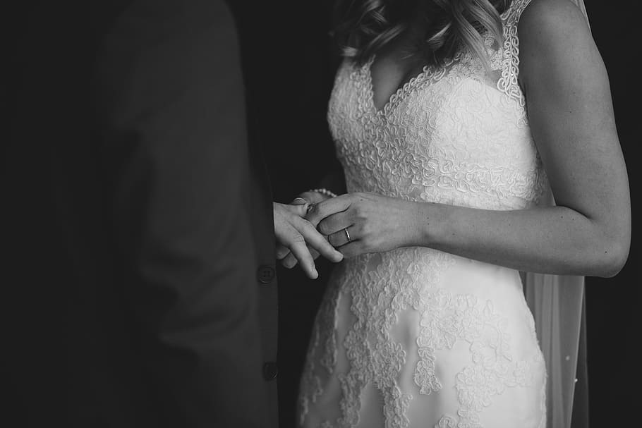 noiva, casamento, cerimônia, preto e branco, homem, mulher, masculino, fêmea, mãos, de mãos dadas