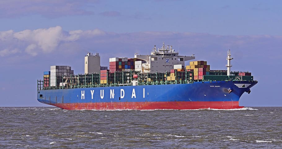 container freighter, korean, north sea, mouth of the elbe river, cuxhaven, elbe, gateway, hamburg, water, sea