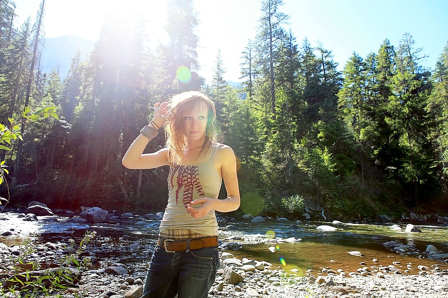 woman, adventure, trail, nature, sun, trees, forest, river, brook, creek
