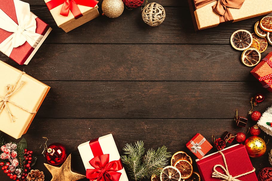 presente, caixa, natal, celebração, feriado, sazonal, fundo, de madeira, velho, mesa