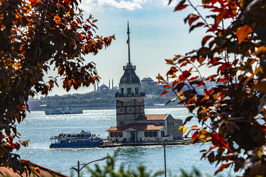 Estambul, la torre de la doncella, Turquía, marina, azul, cielo, playa, paz, paisaje, solar