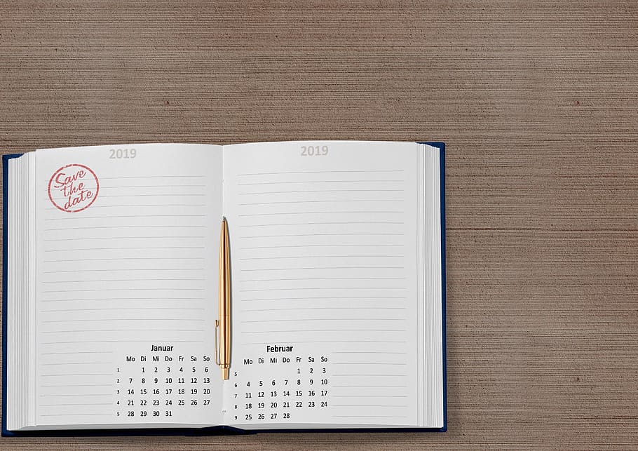 calendario, libro, 2019, fecha, enero, febrero, semana, mes, escritorio, agenda