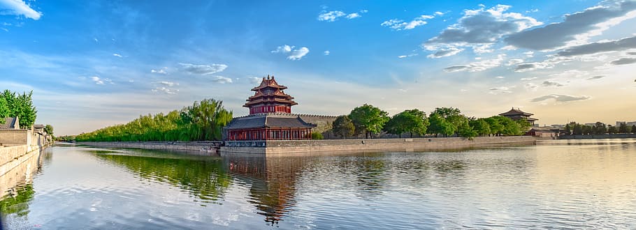 temple, water, reflection, blue, sky, clouds, sunshine, asian, architecture, building