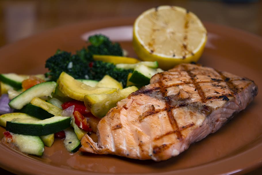 salmon, fish, seafood, restaurant, dinner, food, food and drink, vegetable, ready-to-eat, meat